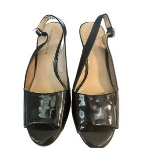 Antonio Melani Black Patent Leather Slingback Wedge Heels Size 9 Peep Toe